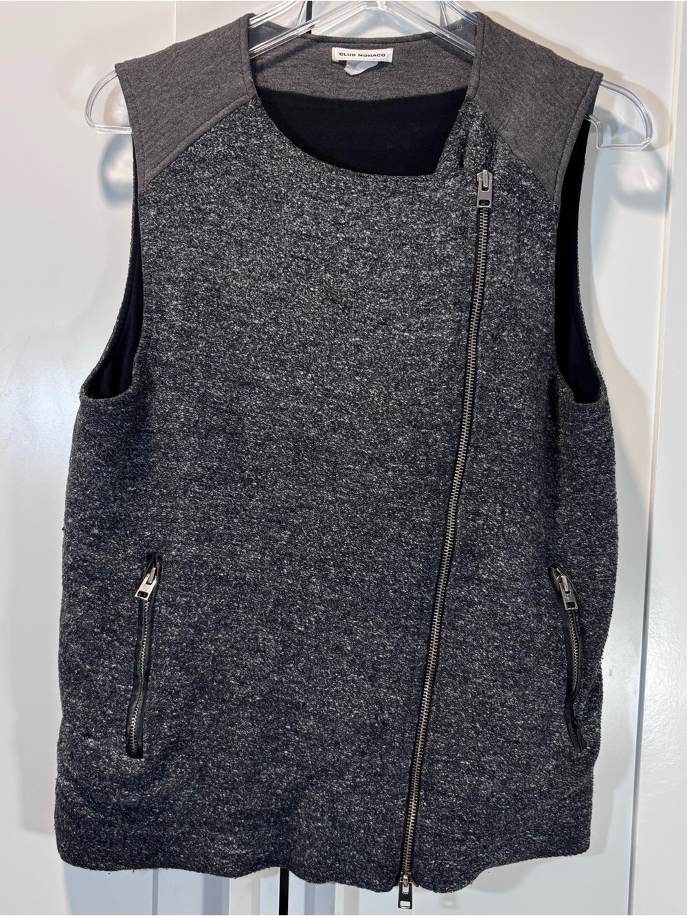 Club Monaco Gray Boucle Moto Vest M Asymmetrical Zip Sleeveless Jacket